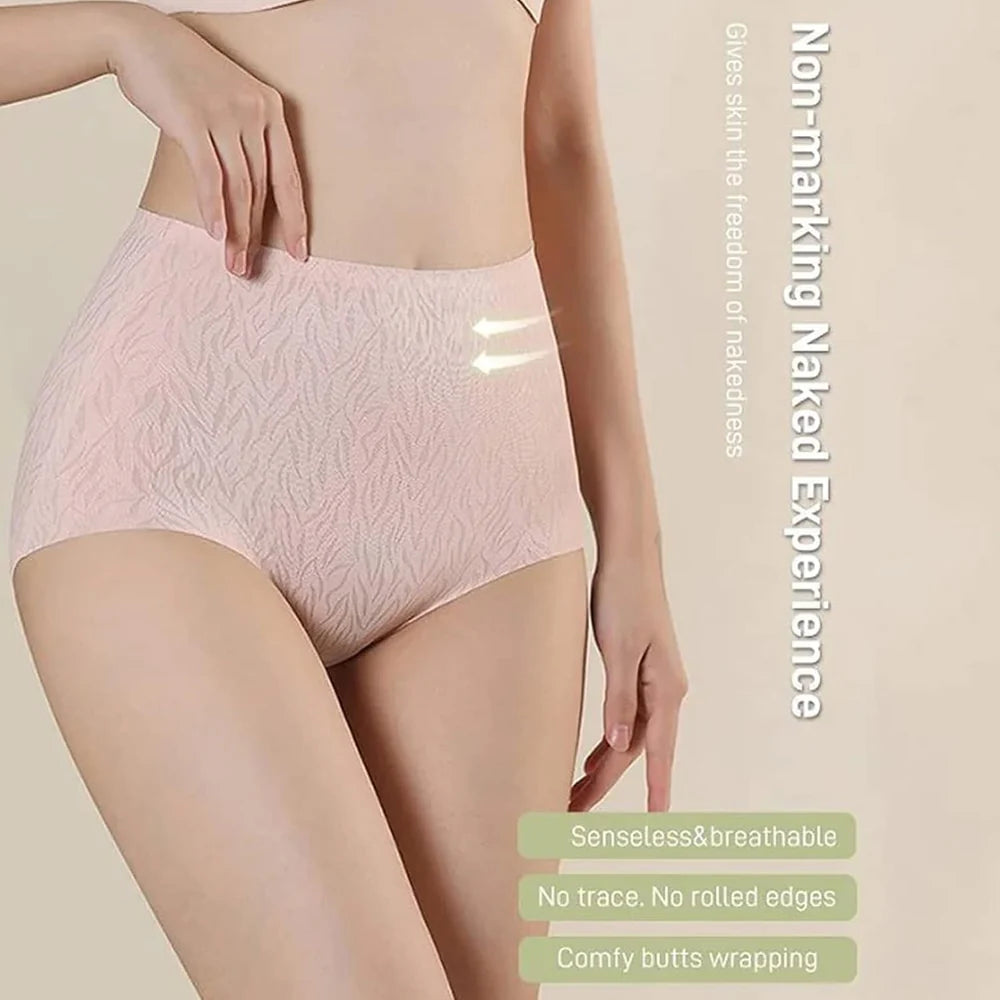 ElevateComfy seamless shapewear panties in black showing high-waist tummy control and butt lift features, 4-pack ElevateComfy shapewear panties collection in black, beige, white, and pink colors, ElevateComfy shapewear demonstrating 360-degree tummy control and butt lifting effect, ElevateComfy seamless shapewear size comparison showing perfect fit on different body types, Before and after results of ElevateComfy butt lift shapewear showing silhouette enhancement, Close-up of ElevateComfy seamless fabric 