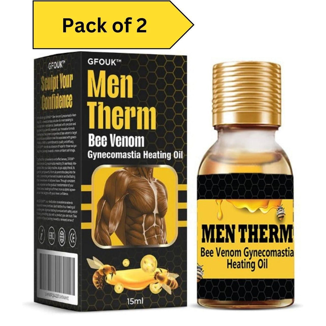 A pack of two GFOUK Men Therm Bee Venom Gynecomastia Heating Oil bottles, featuring a black and yellow honeycomb-themed design. The packaging highlights benefits such as 'sculpt your confidence' and includes an illustration of a muscular male torso. The bottle label states 'Men Therm Bee Venom Gynecomastia Heating Oil,' with honey and bees as decorative elements.