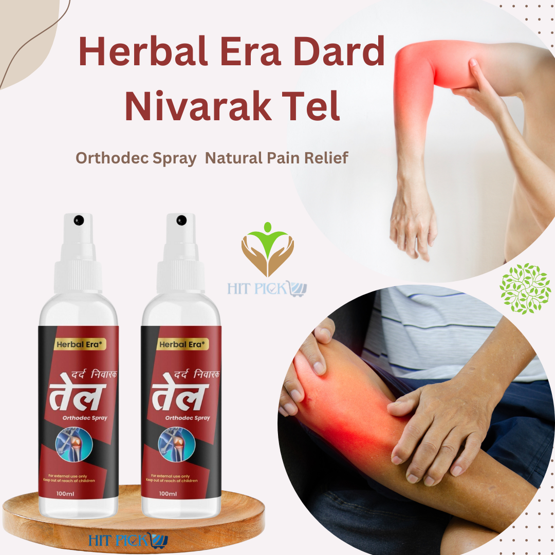 Two bottles of Herbal Era Dard Nivarak Tel (Orthodec Spray) placed on a wooden tray. The product label features red and black colors, with the text in both English and Hindi, and the product is labeled as a natural pain relief solution. In the background, a person is shown applying the spray to their red, painful arm, suggesting its use for pain relief. The image also includes the 'Hit Pick' logo and decorative green elements around the edges.